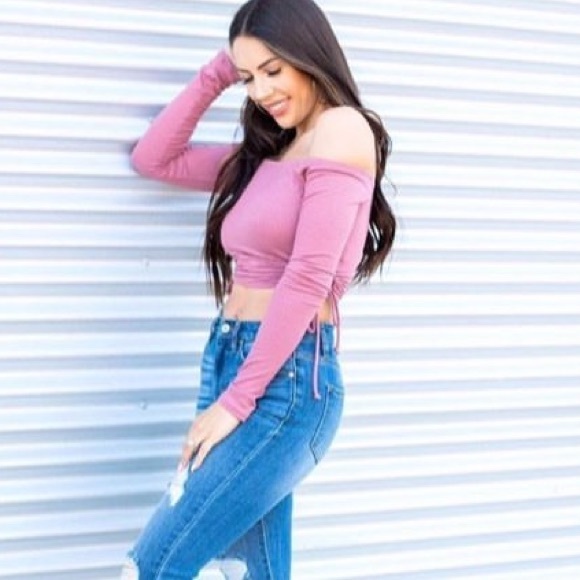 Mauve long sleeve off the shoulder crop with ties on side - Picture 2 of 4